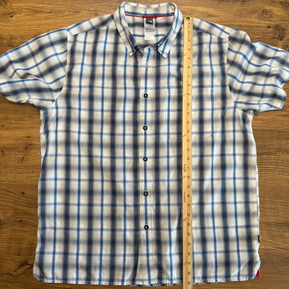 The North Face Mens Large Button Up Blue White Plaid SS Outdoor Casual READ‎